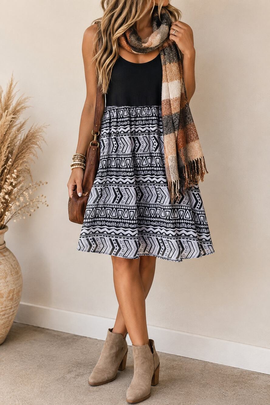 Wallflower Black White Boho Aztec Print Sleeveless Fit and Flare Tank Dress M